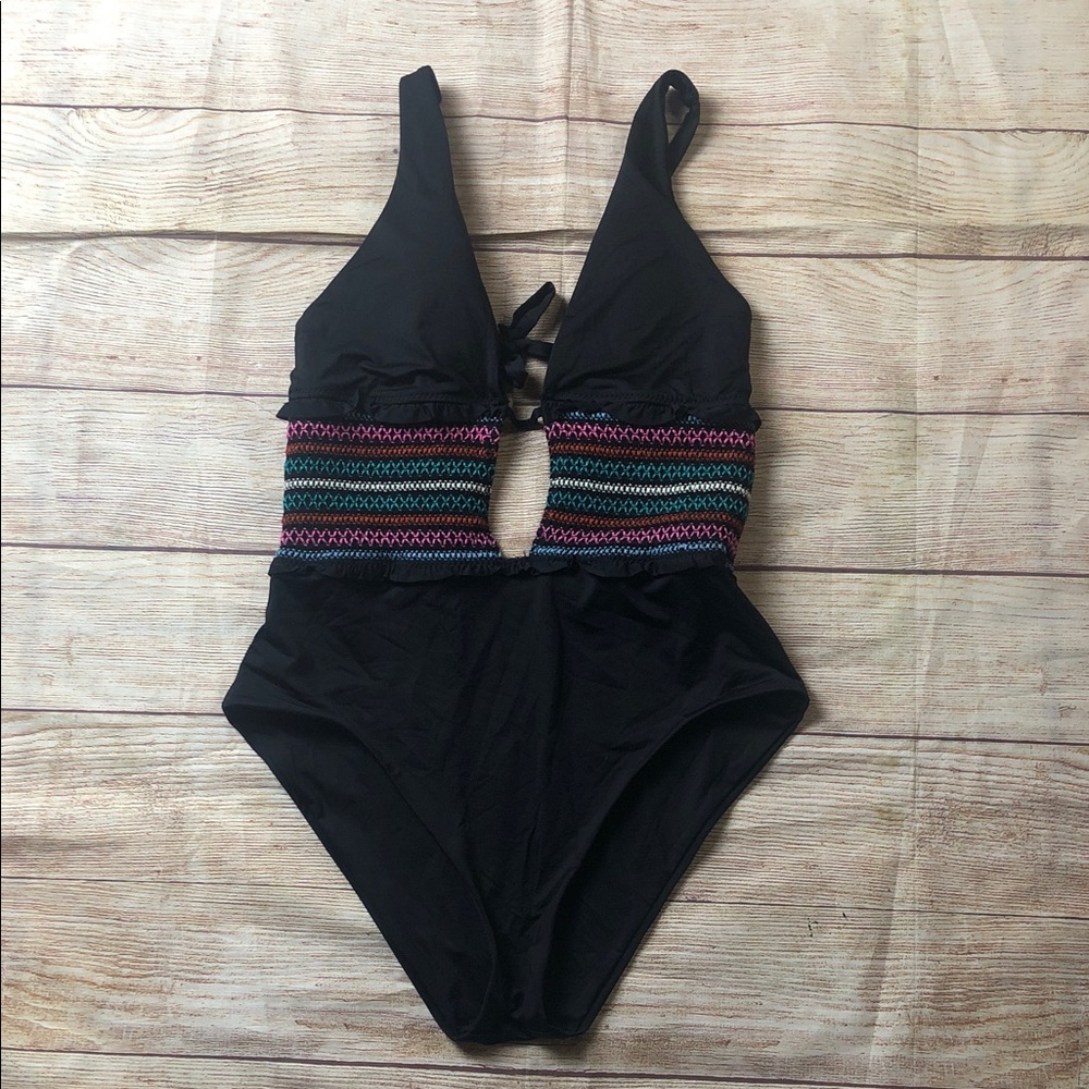 Isabella Rose‎ Black Multicolor Crochet Women Swim One Piece